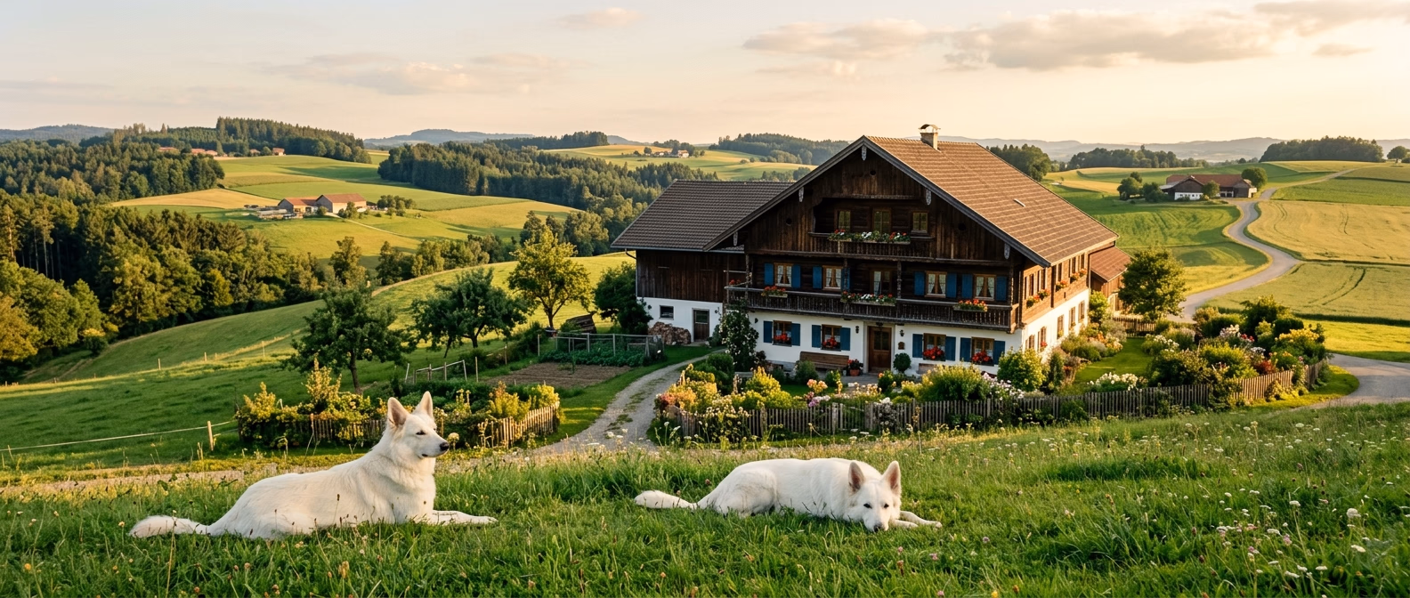 Pia Modl mit zwei weißen Schäferhunden im Garten vor altem Bauernhaus