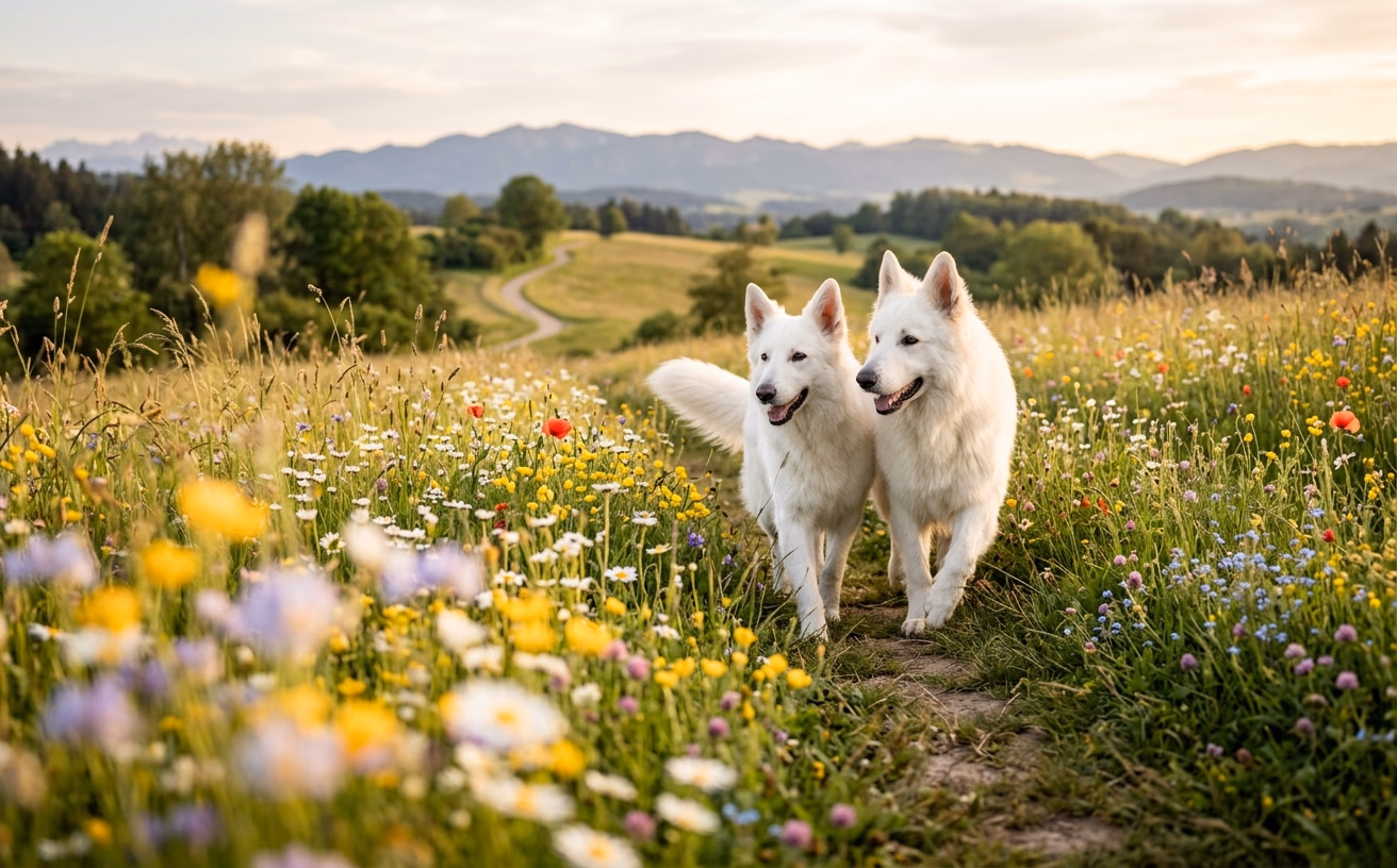 Zwei weiße Schäferhunde, Silvery Moon und Matoskah, beim Spaziergang auf einer Frühlingswiese