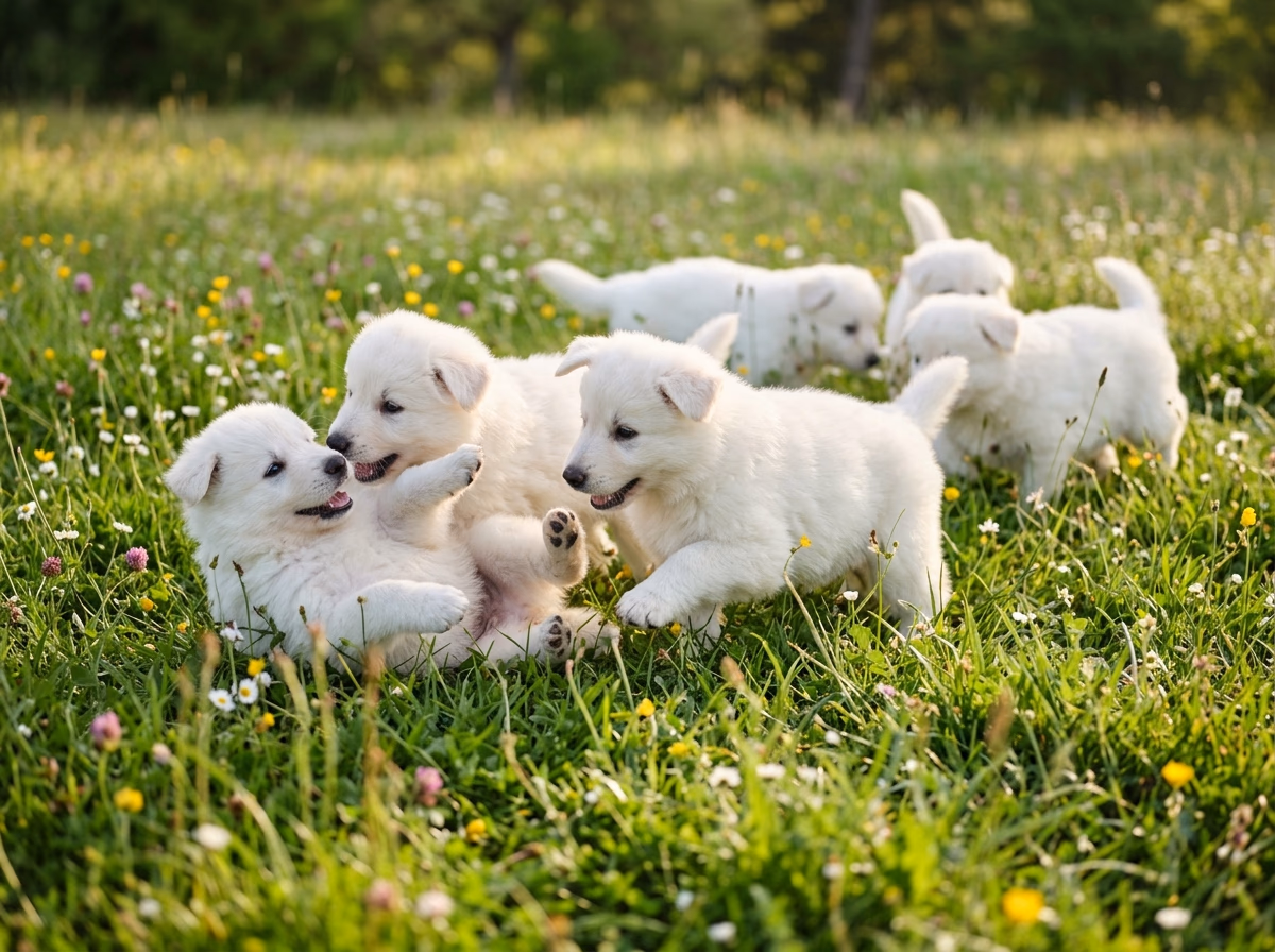 Weiße Schweizer Schäferhund-Welpen auf Frühlingswiese